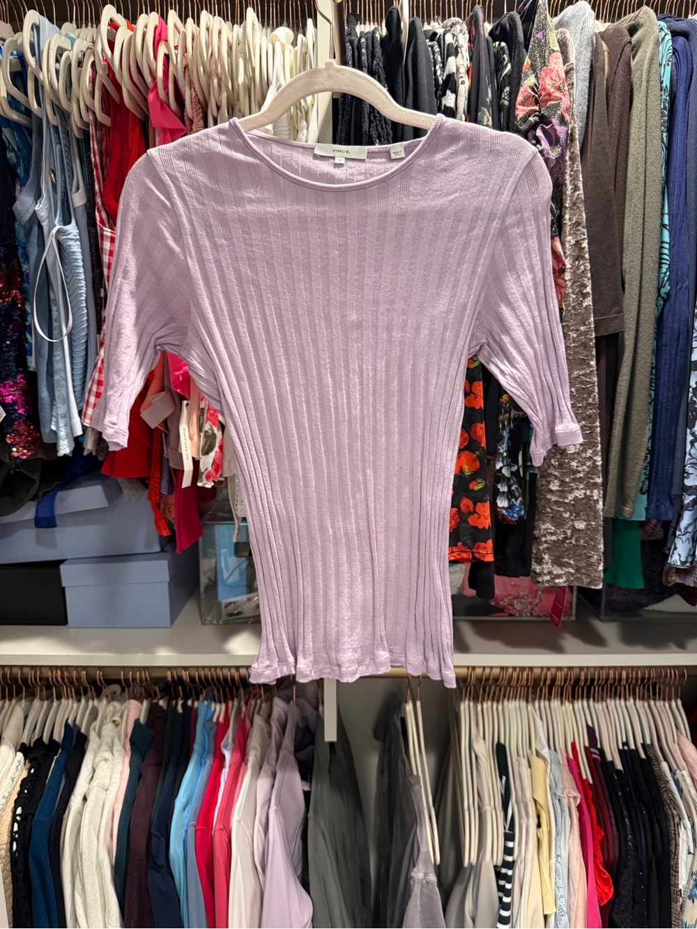Vince Light Lilac Ribbed Short-Sleeve Crewneck Top (small snag in front)